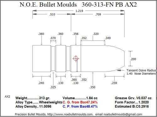 Bullet Mold 5 Cavity Aluminum .360 caliber Plain Base 313gr bullet with a Flat nose profile type. Designed for the 358 N