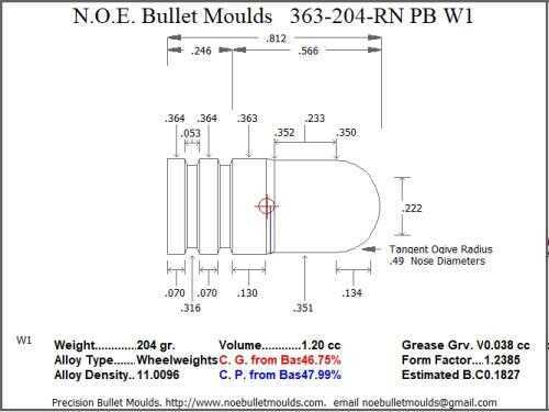 Bullet Mold 3 Cavity Aluminum .363 caliber Plain Base 204gr with Round Nose profile type. This is design