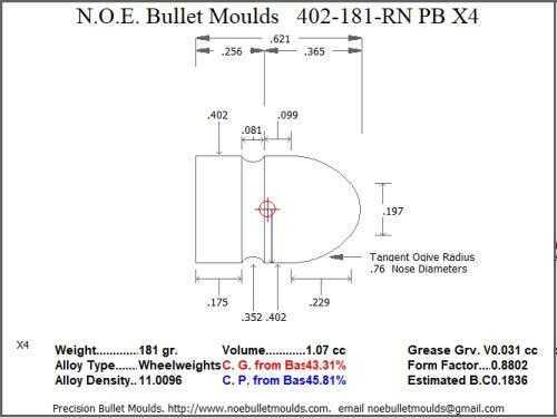 Bullet Mold 3 Cavity Aluminum .402 caliber Plain Base 181gr with Round Nose profile type. This mould casts he
