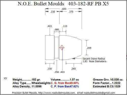 Bullet Mold 4 Cavity Aluminum .403 caliber Plain Base 182gr with Round/Flat nose profile type. This mould casts