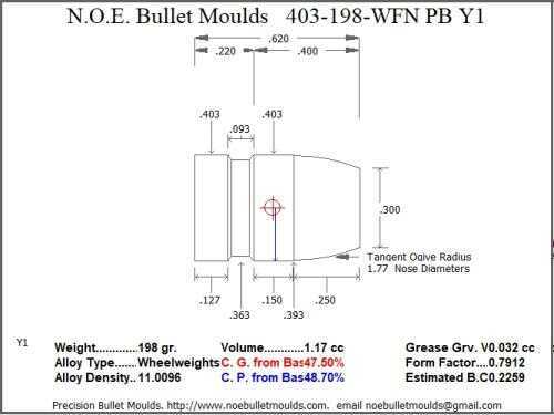 Bullet Mold 4 Cavity Aluminum .403 caliber Plain Base 198gr with Wide Flat nose profile type. The