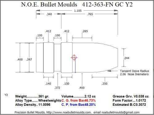 Bullet Mold 4 Cavity Aluminum .412 caliber Gas Check 363gr with Flat nose profile type. heavy desig