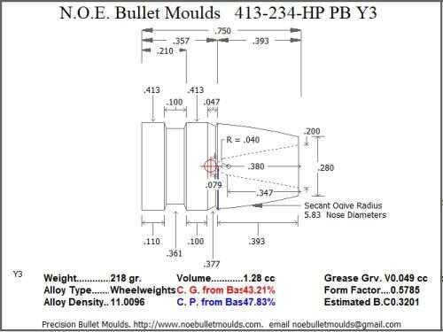 Bullet Mold 4 Cavity Brass .413 caliber Plain Base 234gr with a Long Flat nose profile type. The