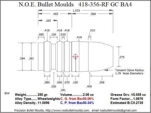 Bullet Mold 4 Cavity Aluminum .418 caliber GasCheck and Plain Base 356gr with Round/Flat nose profile type. h