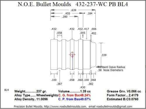 Bullet Mold 4 Cavity Brass .432 caliber Plain Base 237gr with a Wadcutter profile type. for plinking