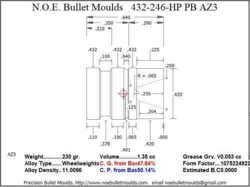 Bullet Mold 2 Cavity Brass .432 caliber Plain Base 246gr bullet with a Wadcutter profile type. A wadcutter for plinking