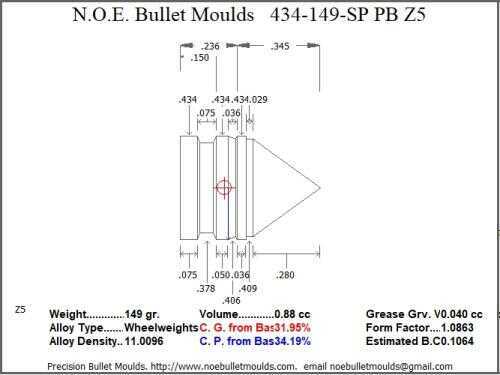 Bullet Mold 2 Cavity Aluminum .434 caliber Plain Base 149gr bullet with a Spire point profile type. A lightweight himmel