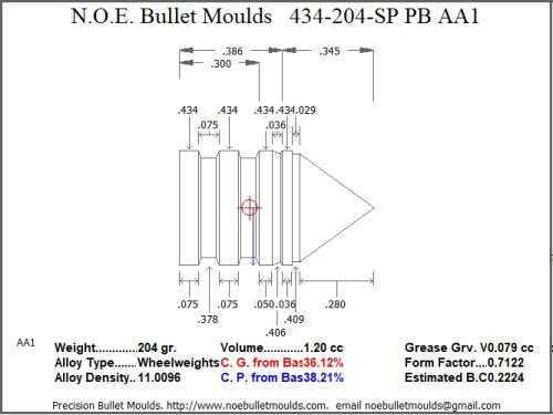 Bullet Mold 4 Cavity Brass .434 caliber Plain Base 204gr bullet with a Spire point profile type. A himmelwright design f