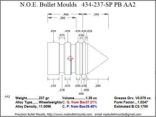 Bullet Mold 2 Cavity Brass .434 caliber Plain Base 237gr bullet with a Spire point profile type. A himmelwright design f