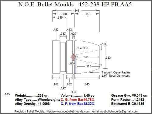 Bullet Mold 4 Cavity Aluminum .452 caliber Plain Base 238gr bullet with a hollowpoint profile type. This mould casts a r
