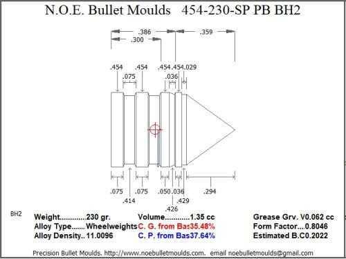 Bullet Mold 4 Cavity Brass .454 caliber Plain Base 230gr with a Spire point profile type. standard weight Himme