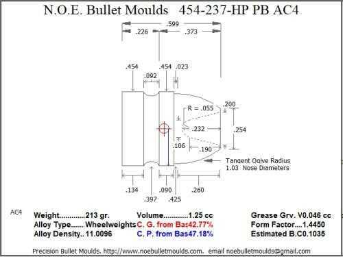 Bullet Mold 4 Cavity Aluminum .454 caliber Plain Base 237gr with Round Nose profile type. d