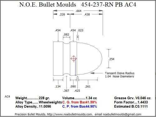 Bullet Mold 2 Cavity Aluminum .454 caliber Plain Base 237gr with Round Nose profile type. d