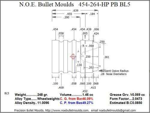 Bullet Mold 2 Cavity Brass .454 caliber Plain Base 264gr bullet with a Wadcutter profile type. A standard weight wadcutt
