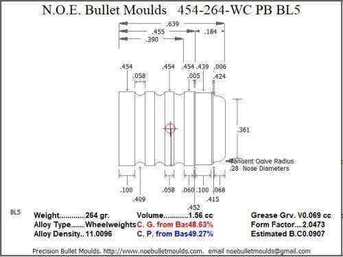 Bullet Mold 4 Cavity Brass .454 caliber Plain Base 264gr with a Wadcutter profile type. standard weight