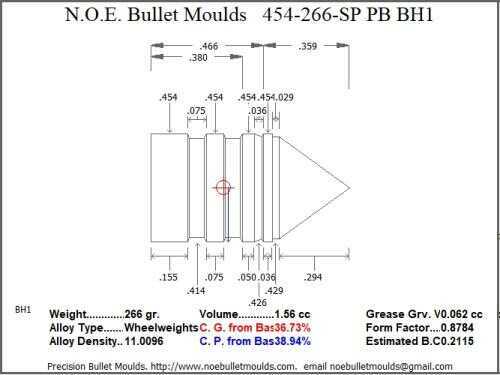 Bullet Mold 2 Cavity Brass .454 caliber Plain Base 266gr with a Spire point profile type. heavy weight Himmelwr