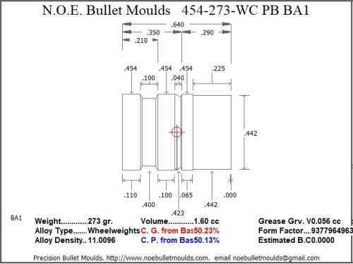 Bullet Mold 3 Cavity Aluminum .454 caliber Plain Base 273gr with Wadcutter profile type. heavy weight