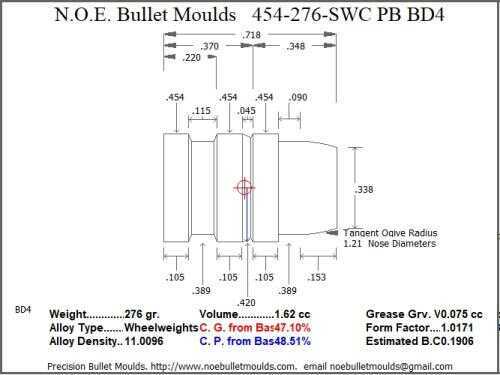 Bullet Mold 2 Cavity Brass .454 caliber Plain Base 276gr with a Semiwadcutter profile type. This mould casts he