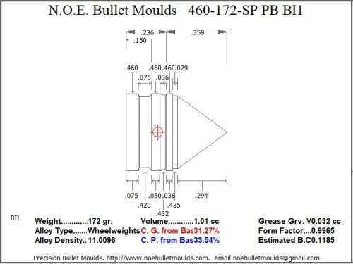Bullet Mold 2 Cavity Aluminum .460 caliber Plain Base 172gr with Spire point profile type. light weight Himme