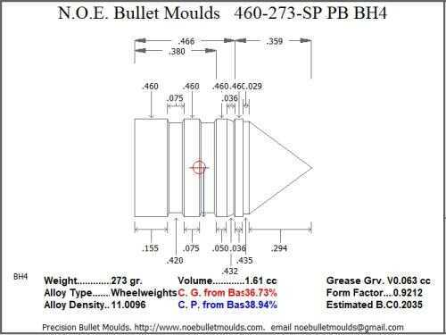 Bullet Mold 4 Cavity Aluminum .460 caliber Plain Base 273gr with Spire point profile type. heavy weight Himme