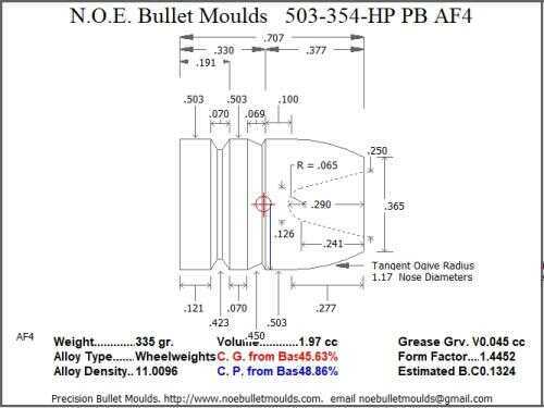 Bullet Mold 2 Cavity Aluminum .503 caliber Plain Base 354gr with Round/Flat nose profile type. This mould casts