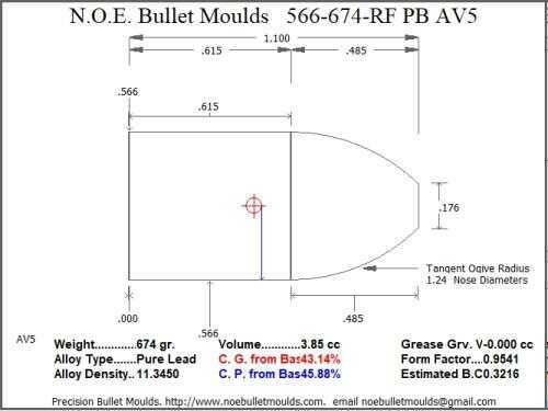 Bullet Mold 2 Cavity Aluminum .566 caliber Hollow Base 674gr with Round/Flat nose profile type. Spire point