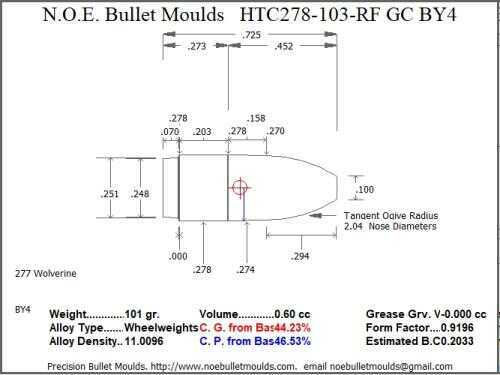 Bullet Mold 2 Cavity Brass .278 caliber Gas Check 103gr bullet with a Round/Flat nose profile type. Designed for Powder
