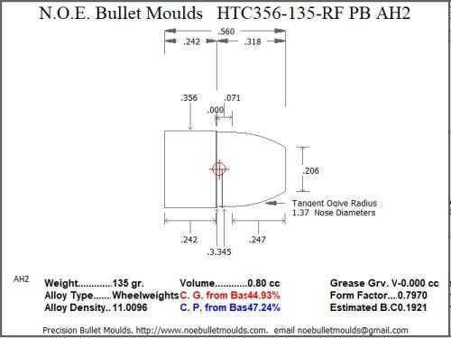 Bullet Mold 2 Cavity Aluminum .356 caliber Plain Base 135gr with Round/Flat nose profile type. Designed for Pow