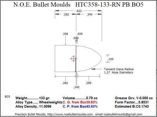 Bullet Mold 2 Cavity Aluminum .358 caliber Plain Base 133gr with Round Nose profile type. Designed for Powder
