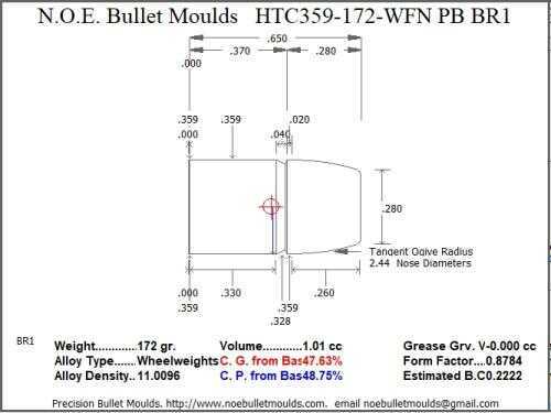 Bullet Mold 2 Cavity Aluminum .359 caliber Plain Base 172gr with Wide Flat nose profile type. Designed for Powd