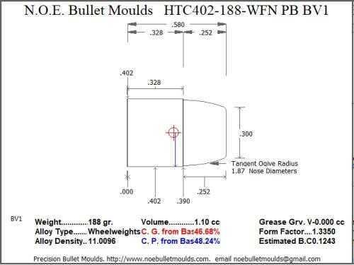 Bullet Mold 2 Cavity Aluminum .402 caliber Plain Base 188gr with Wide Flat nose profile type. Designed for Powd