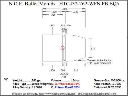 Bullet Mold 2 Cavity Aluminum .432 caliber Plain Base 262gr with Wide Flat nose profile type. Designed for Powd