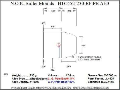 Bullet Mold 2 Cavity Brass .452 caliber Plain Base 230gr bullet with a Round/Flat nose profile type. Designed for Powder