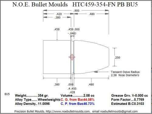 Bullet Mold 4 Cavity Aluminum .459 caliber Plain Base 354gr with Flat nose profile type. Designed for Powder co