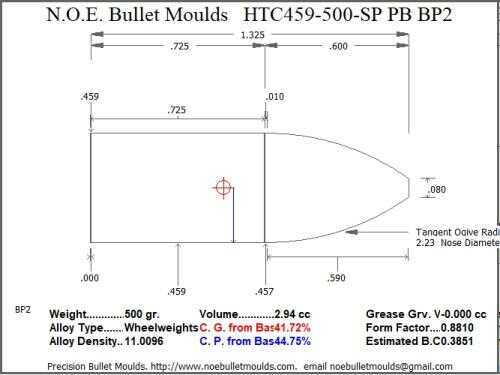 Bullet Mold 4 Cavity Aluminum .459 caliber Plain Base 500gr with Spire point profile type. Designed for Powder