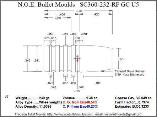 Bullet Mold 4 Cavity Brass .360 caliber Gas Check 232gr with a Round/Flat nose profile type. These are world