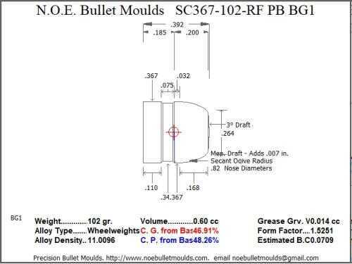Bullet Mold 2 Cavity Brass .367 caliber Plain Base 102gr with a Round/Flat nose profile type. These are world