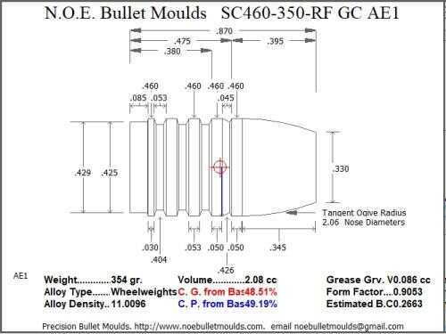 Bullet Mold 2 Cavity Aluminum .460 caliber GasCheck and Plain Base 350gr bullet with a Round/Flat nose profile type. The