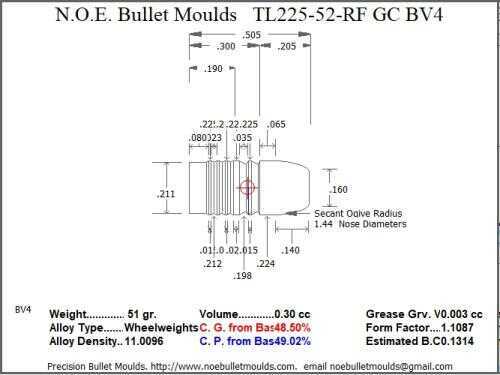 Bullet Mold 5 Cavity Brass .225 caliber Gas Check 52gr with a Round/Flat nose profile type. Tumble lube style