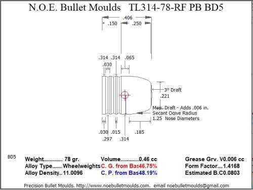 Bullet Mold 2 Cavity Aluminum .314 caliber Plain Base 78gr with Round/Flat nose profile type. Tumble lube style