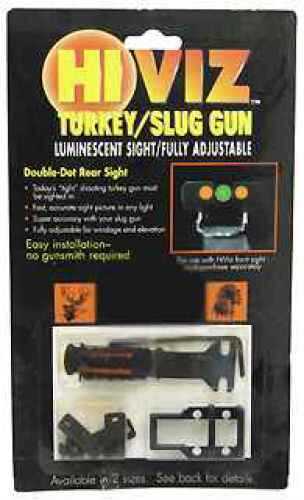 Hi-Viz Green 2 dot adjustable rear sight (large). Fits vent rib widths from 3/8" to 7/16" wide. Installs with screws no