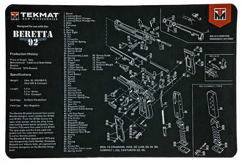 TekMat Beretta 92 Pistol Mat 11"x17" Black Includes Small Microfiber TekTowel Packed in Tube R17-BER92