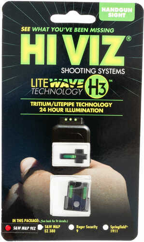 Hi-Viz LiteWave H3 S&W M&P Shield 9 EZ Green Fiber Optic Tritium Front And Rear Sight Set Steel Black