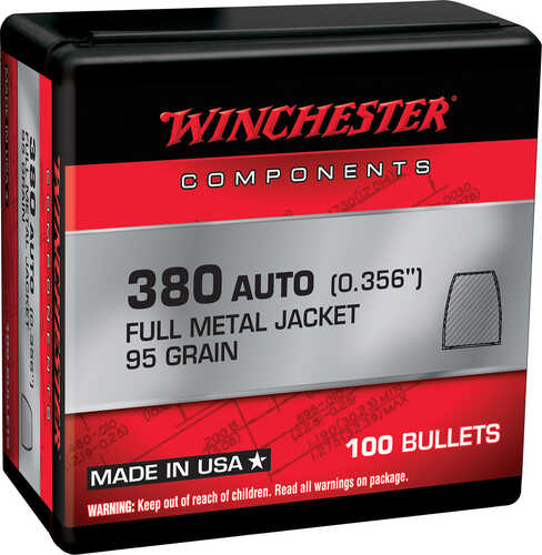 Winchester Ammo Centerfire Handgun Reloading 380 ACP .356 95 Gr Full Metal Jacket (FMJ) 100 Per Box