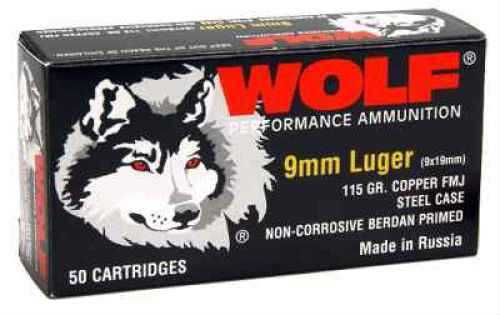 9mm Luger 115 Grain Full Metal Jacket 50 Rounds Wolf Ammunition