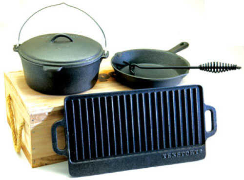 Tex Sport Cast Iron Kit Rugged Wooden Storage Case contains: 4 Qt. Dutch Oven Without legs 9-1/2" Skillet X 20"