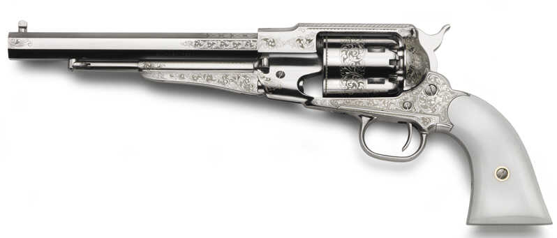 Taylor/Pietta 1858 Remington Army Nickel Plated Engraved Ivory Grip .44 Caliber 8" Barrel Black Powder Revolver