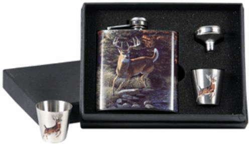 Rivers Edge Pocket Flask W/2- Shot Glasses Whitetail Deer