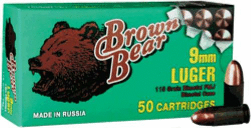 9mm Luger 115 Grain Full Metal Jacket 50 Rounds Brown Bear Ammunition