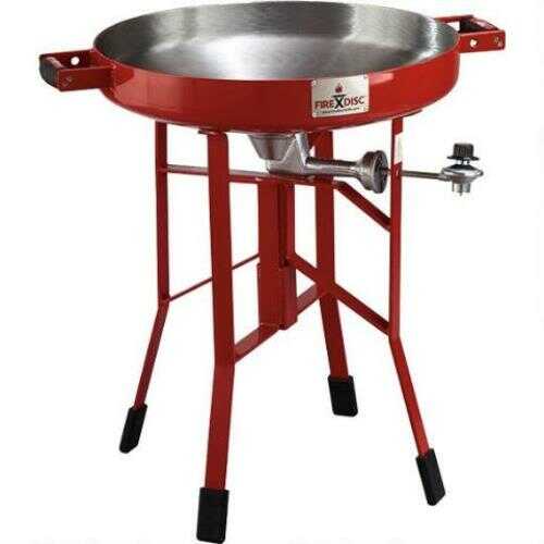The 24” Deep Fireman Red FireDisc Cooker is just 24" inches high with the built in Heat Ring and powder coated at over 450 degrees.  It has a 22" concaved cooking surface and is completely collapsible...